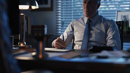 A police detective is sitting at his desk, looking over a case file. He is wearing a white shirt and tie, and he has a serious expression on his face.