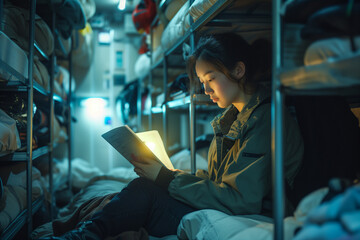 Young Aisan woman reading in a hostel. Budget travel image of a crowded youth hostel.