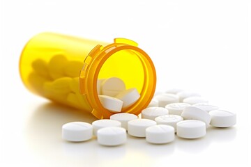 White pills in orange bottle on white background close up with copy space