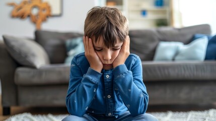 A young boy with a sad expression sitting on the floor in front of a couch - Powered by Adobe