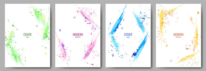A collection of bright posters. Brush strokes in the form of a frame for a photo or text. Ink splashes, splash of paint. Grunge vector overlay. Design for cover, flyer, postcard.