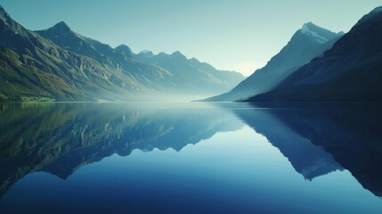 Mirror-like reflection of a mountain range in a lake, perfect symmetry, clear water, crisp morning light, natural beauty 