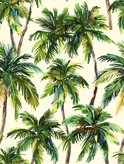 Hand-drawn watercolor design of a seamless pattern featuring tropical palm trees.