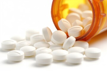 White pills in orange bottle on white background close up with copy space