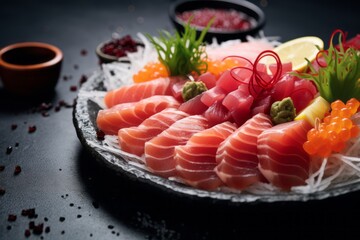 Delicious sashimi on a rustic plate against a grey concrete background