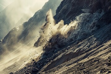 Mountain peak shattering, landslide sweeping through a valley, bright midday sun dramatic detail