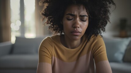Fototapeta premium A black afro female sitting on a couch with her eyes closed in a state of contemplation