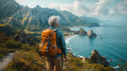 A lone mature hiker with a backpack looks out over a breathtaking coastal landscape with sharp...