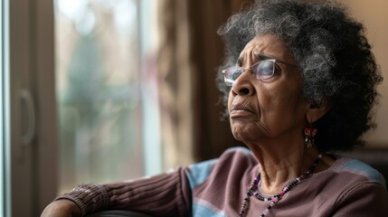 Elderly black woman feeling sad while gazing out the window