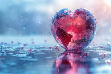 Crystal heart reflecting a world map on water, representing love and global health