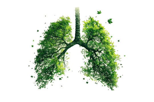 Artistic lungs made of foliage, signifying the essence of life and natural well-being on transparent background .