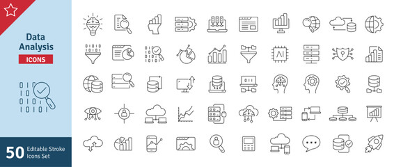 Data Analysis Icons Set. Pictograms Database Statistics Analytics Server Infographic Monitoring Computing and Network UI UX Icons. Editable Stroke Vector Illustration