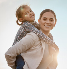 Happy mother, portrait and piggyback with child for fun bonding, holiday or weekend together in...