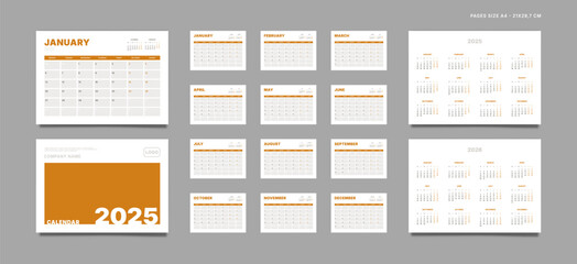 Set of 2025-2026 Calendar Planner Template with Place for Notes, Photo and Company Logo. Vector layout of a wall or desk simple calendar with week start Monday. Calendar grid in grey color for print.