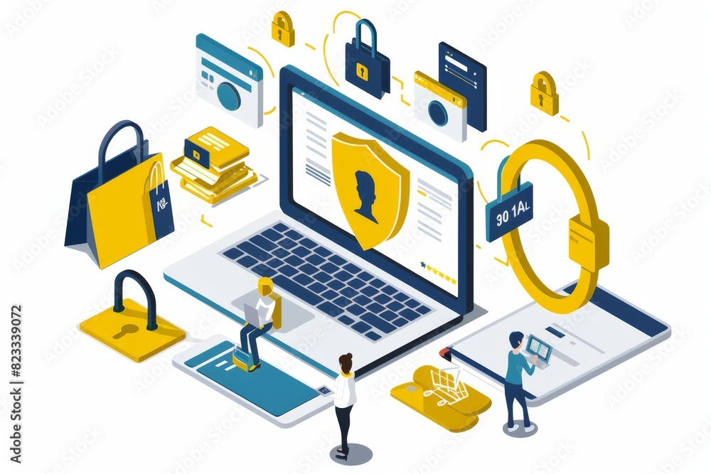 Poster advanced cybersecurity with digital protection and encryption, featuring secure network, yellow blue