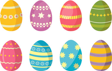 Set of colorful easter eggs with different textures, patterns and festive decorations. Happy Easter.  Spring holiday. Vector flat illustration