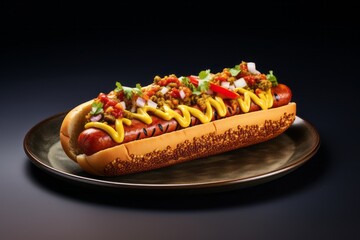 Hearty hot dog on a porcelain platter against a grey concrete background
