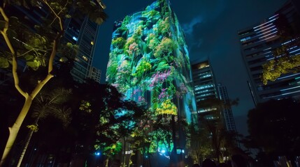 As the projection mapping continues the building morphs into a towering forest filled with holographic trees and flora.