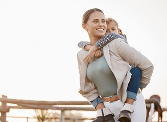 Happy mother, piggyback and farm with child for fun bonding, holiday or weekend together at...