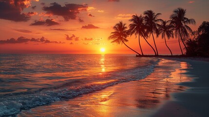 tropical sunset, as the sun sets, palm tree silhouettes stand out against the orange sky, marking the end of a perfect day in paradise