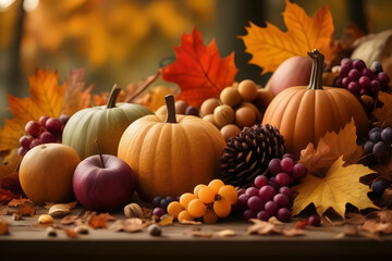 A vibrant Thanksgiving scene: abundant organic fruit, fallen leaves in Indian summer hues.