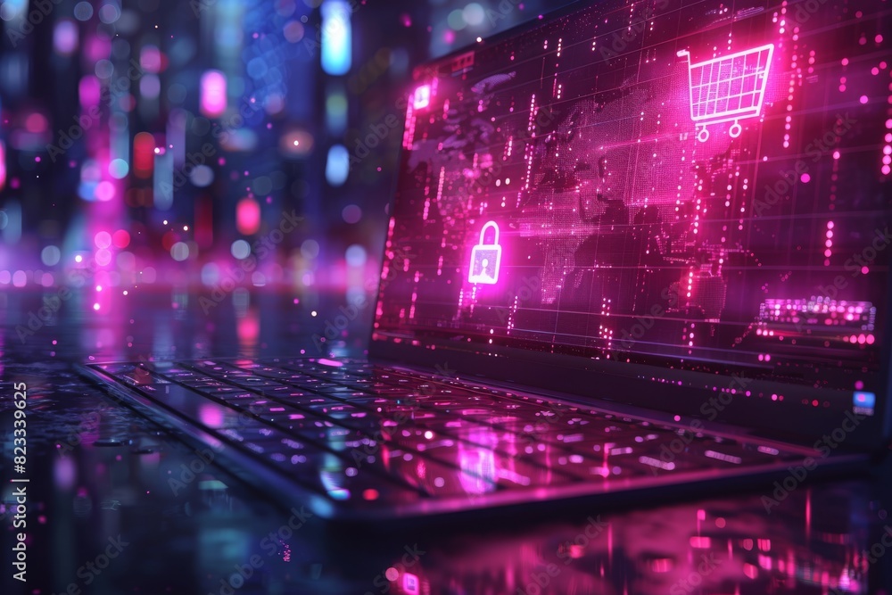 Poster advanced cybersecurity solutions with digital protection and encryption, featuring secure network, p