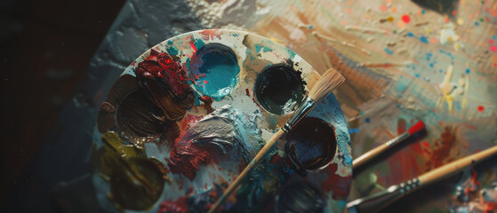 An artist's palette splattered with vibrant colors and tools of the painting craft.