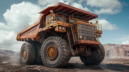 Fototapeta premium Realistic depiction of a rusty, large mining truck parked in a dusty quarry, emphasizing industrial strength and endurance.
