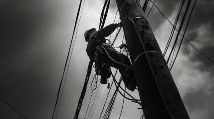 Close up of an electrician working on electric pole