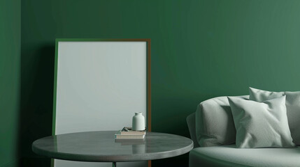 A cozy corner reading nook featuring a blank frame on a grey polished table, accented by a deep green wall backdrop.