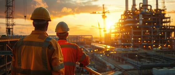 Oil and gas construction site workers in high visibility safety gear standing with their backs to the camera