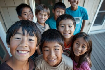 Group of happy asian kids smiling and looking at the camera.