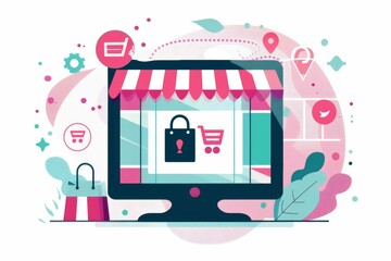 Secure e commerce shopping with advanced digital protection, featuring a locked laptop storefront, encrypted data, and cybersecurity in a pink blue setting for safe online retail