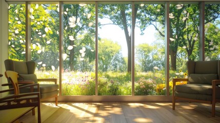 A holographic projection of a peaceful garden adorns the walls of a retirement home providing a calming and beautiful backdrop for residents to enjoy.