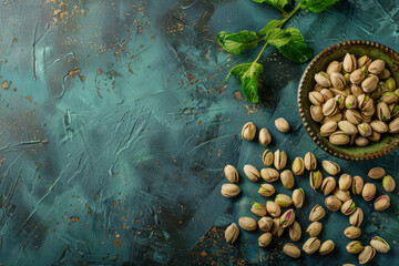 Background with pistachios in bowl, top view with copyspace