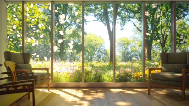 A holographic projection of a peaceful garden adorns the walls of a retirement home providing a calming and beautiful backdrop for residents to enjoy.