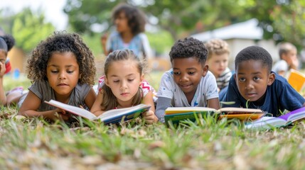 Back to school concept. Photo of a diverse group of children sitting on grass outdoors, reading books together, showcasing a multicultural and educational environment.
