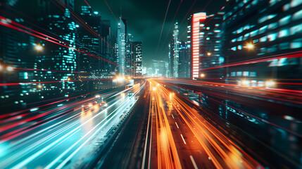 Abstract background of high speed global data transfer and super fast broadband in futuristic tech city at night, high speed internet and big data connection technology