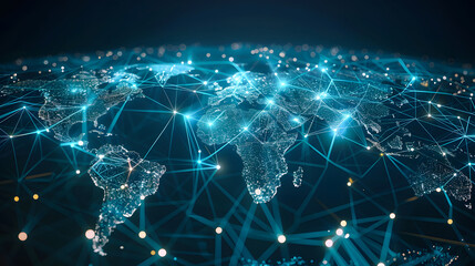 Abstract digital world map data transfer and cyber technology, information exchange and international telecommunication, concept of global network and connectivity on Earth.