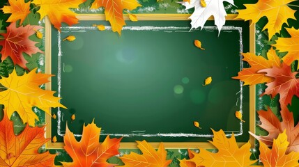 Back to school concept. Blank chalkboard surrounded by colorful autumn leaves on a rustic white wooden background, evoking a seasonal, back-to-school theme.