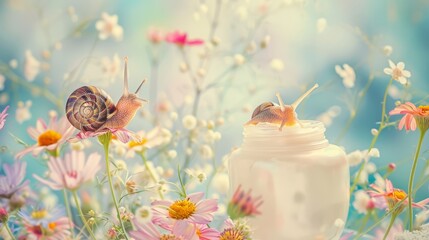 Snail beside a jar of skincare cream and white blossoms on a reflective surface, with a soft bokeh background