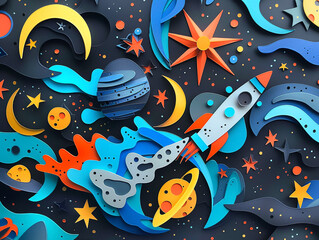 A whimsical paper cut of a space scene with planets, stars, and a rocket ship, dark blue and black paper, bright accents for the rocket and planets, intricate star detailsClose-up