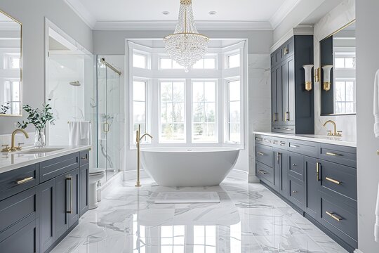 photo of a large master bathroom with white marble floors