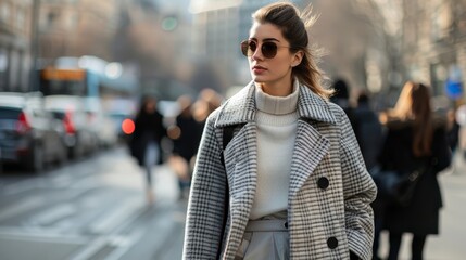 Photo of a young caucasian woman with sunglasses, wearing a white turtleneck and a plaid coat, walking on a busy city street in winter.