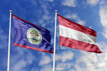 3d illustration. Belize and Austria Flag waving in sky. High detailed waving flag. 3D render....