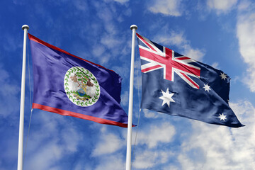 3d illustration. Belize and Australia Flag waving in sky. High detailed waving flag. 3D render....