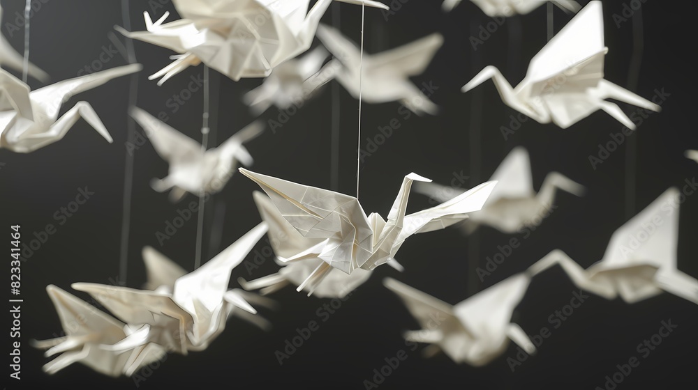 Wall mural a series of folded paper cranes suspended in mid-air, creating a dynamic and artistic display