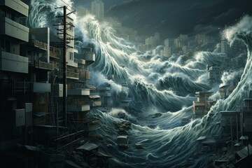 Devastating Tsunami city wave. Big splash. Generate Ai