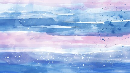 Watercolor illustration of abstract blue and pink horizontal stripes with white splatters, creating a dreamy and serene atmosphere.