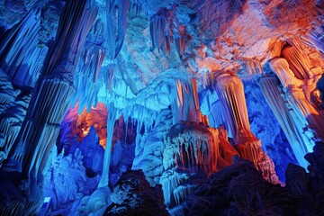 A breathtaking image of stalactites and stalagmites in vibrant colors, showcasing the natural beauty of underground caves